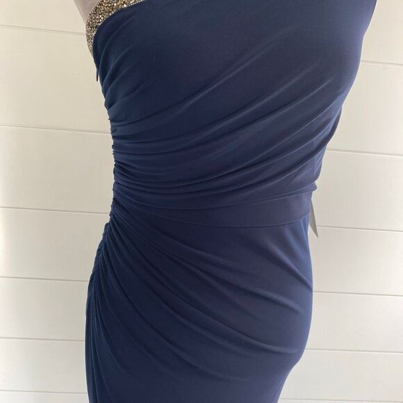 Adrianna Papell One-Shoulder Jersey Gown Navy Blue Sz 2 - Picture 4 of 13